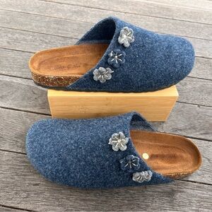 Elegant Blue Felt Mules with Floral Details